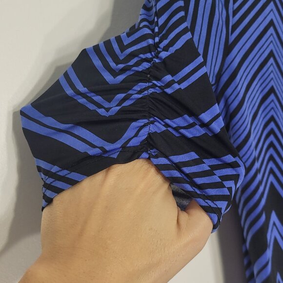 Women's Blue Black Chevron Pattern Short Sleeves Faux Wrap Mini Dress Tunic Top - Picture 7 of 11